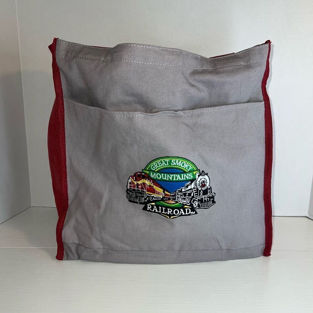 Great Smoky Mountains Railroad Canvas Tote Grocery Bag Carrying Straps Red Gray